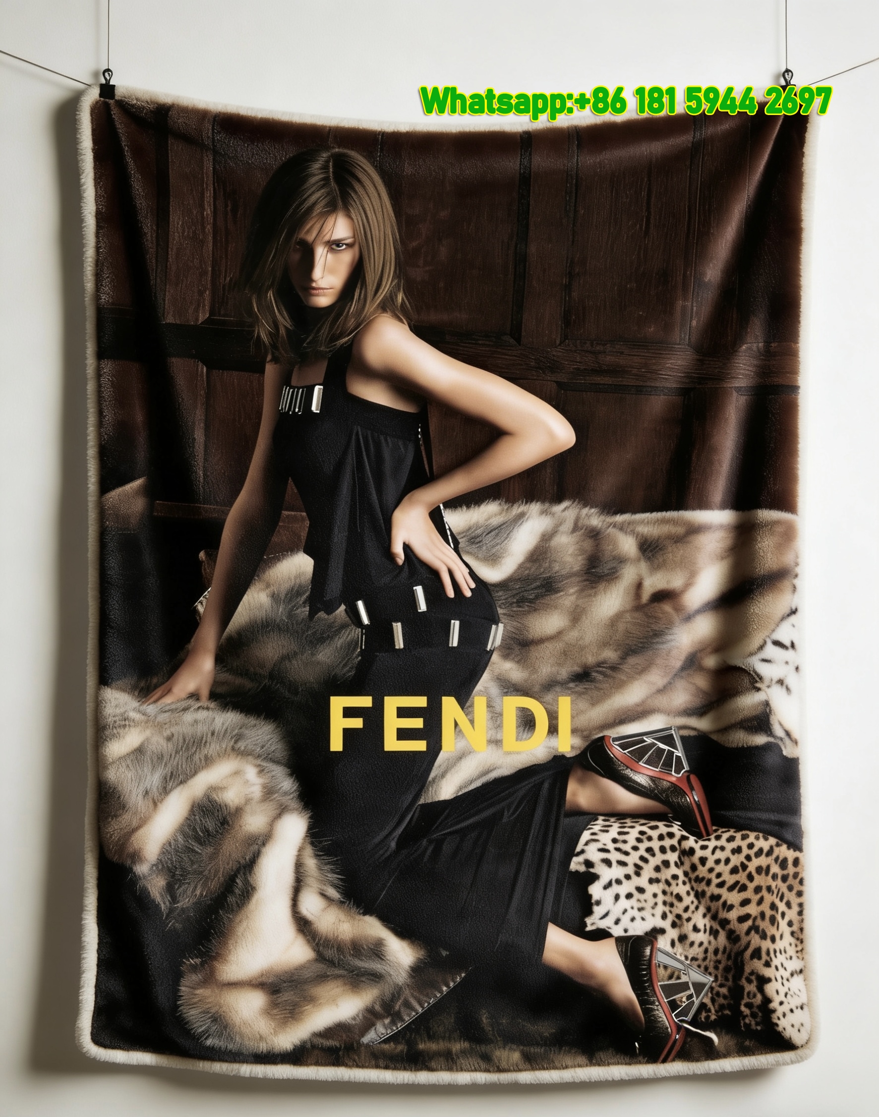 Fendi Dark Luxury Fur & Leopard Print Flannel Throw Blanket IMG_9545